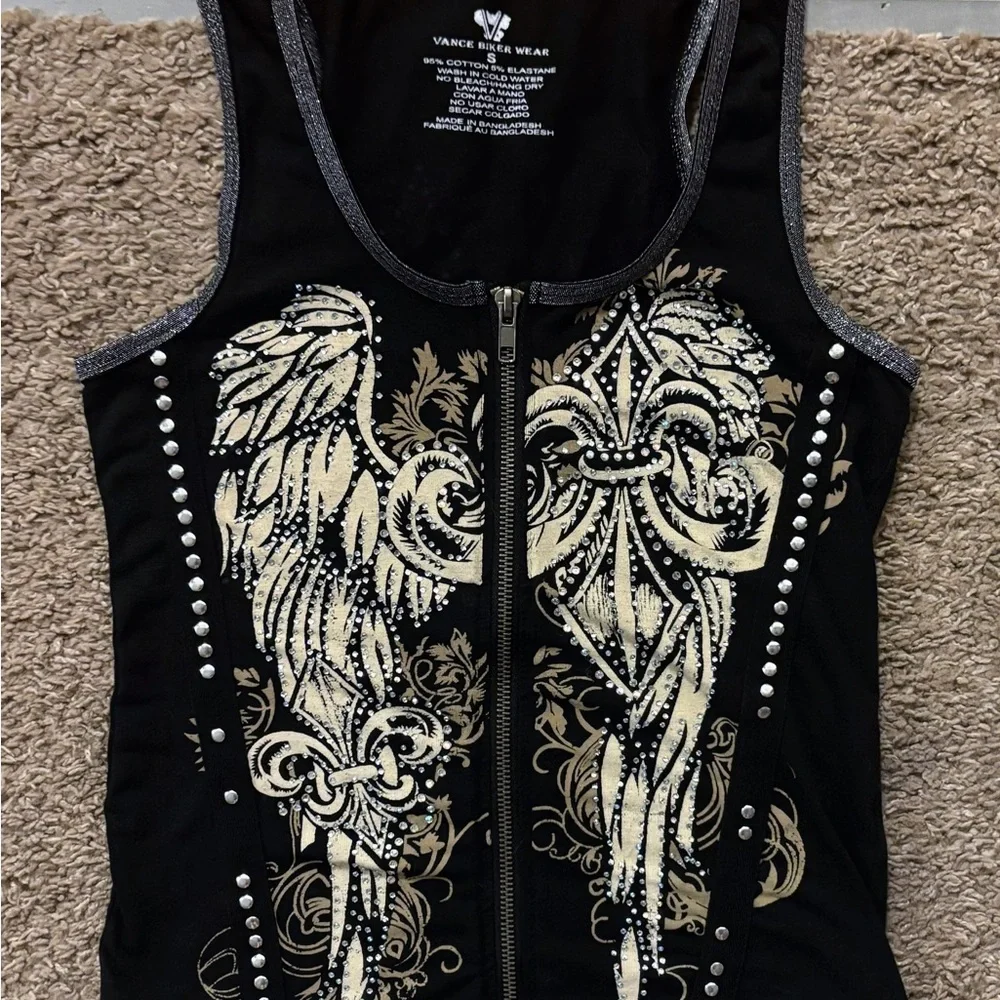 Vintage Y2k Vance Biker Wear Tank Top Womans S Full Zip Double Sided Rhinestone - Picture 4 of 13